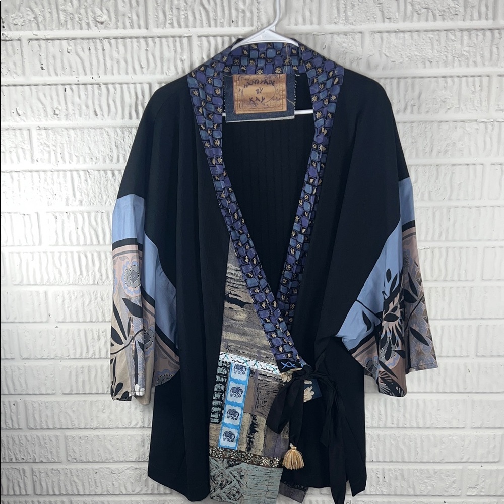Handmade Women's Black And Blue Kimono Jacket Wrap Top